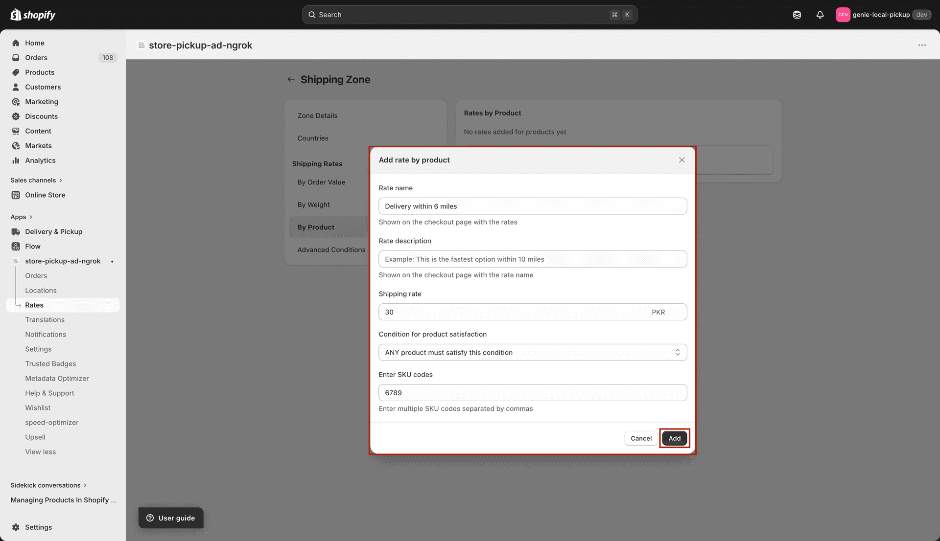 Product modal for shipping