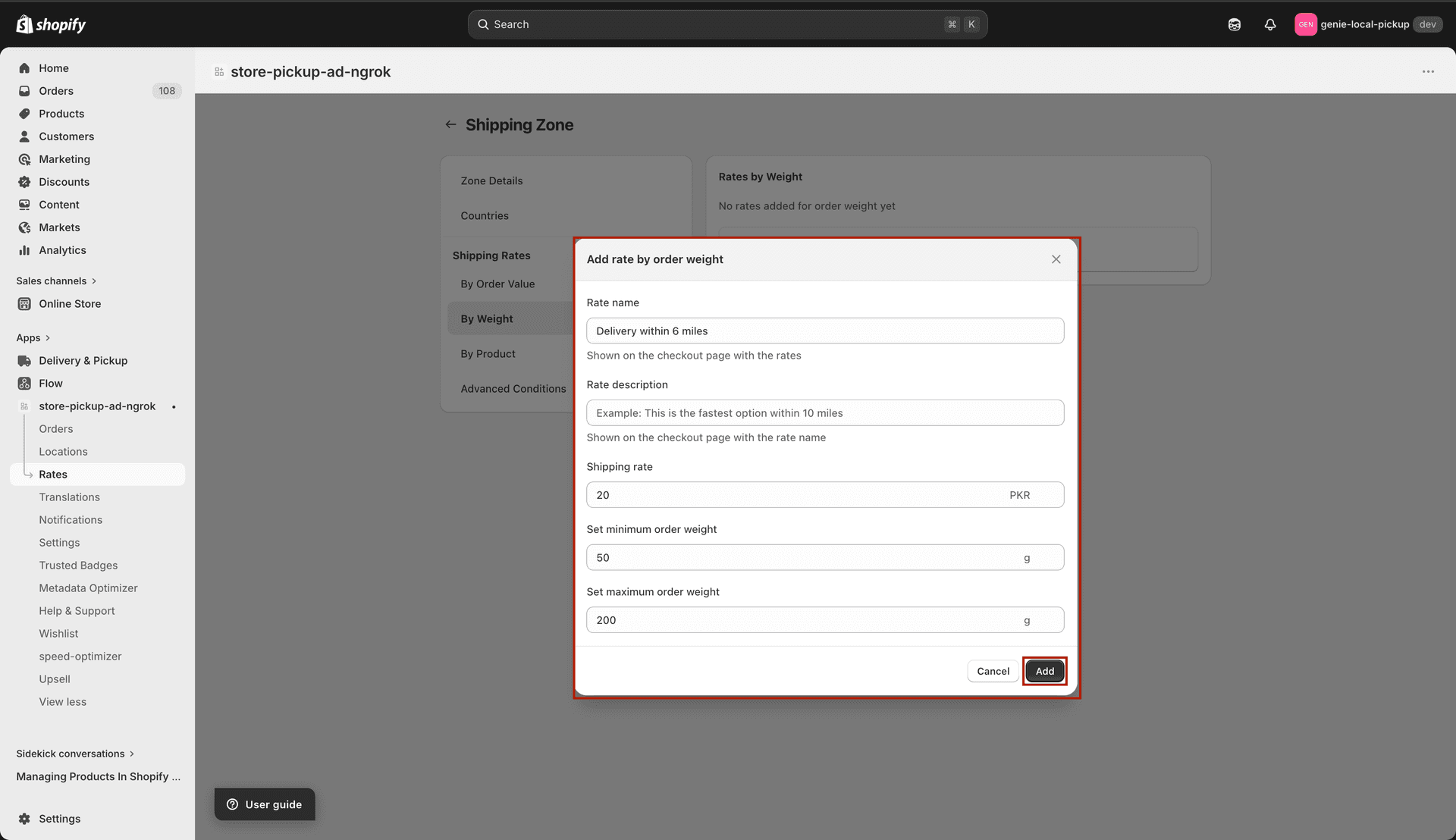 Weight modal for shipping
