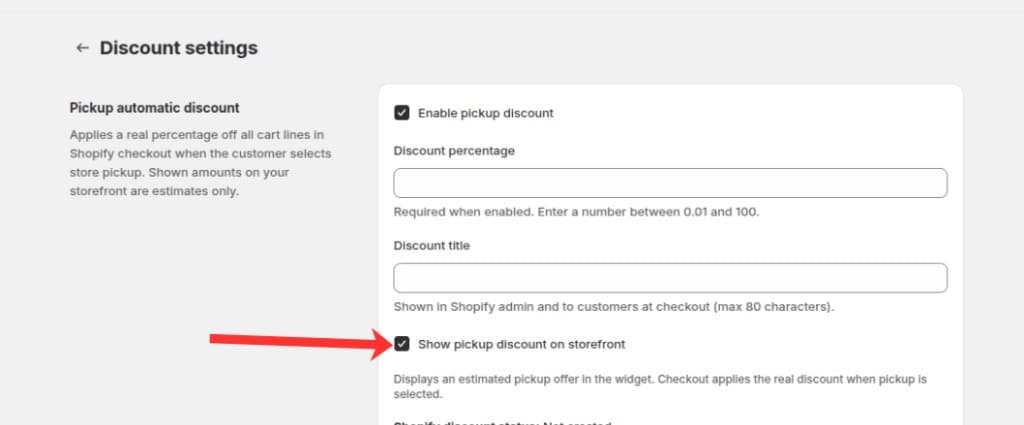 Show pickup discount on storefront checkbox on the Discount settings page