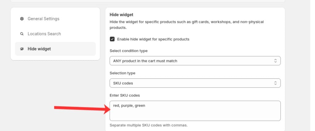 Enter SKU codes field with comma-separated SKU values on the Hide widget tab