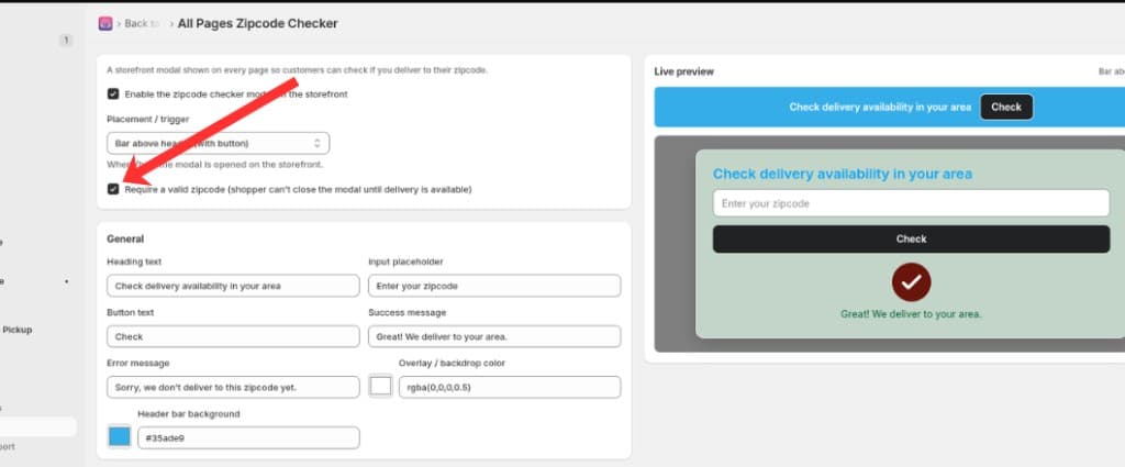 Require a valid zipcode checkbox on the All Pages Zipcode Checker page