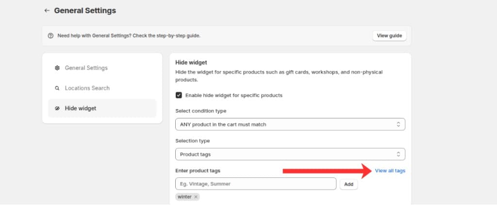 View all tags link above the product tags field