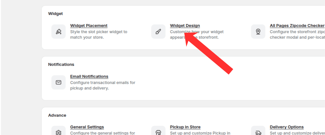 Widget Design card highlighted on the Settings overview page