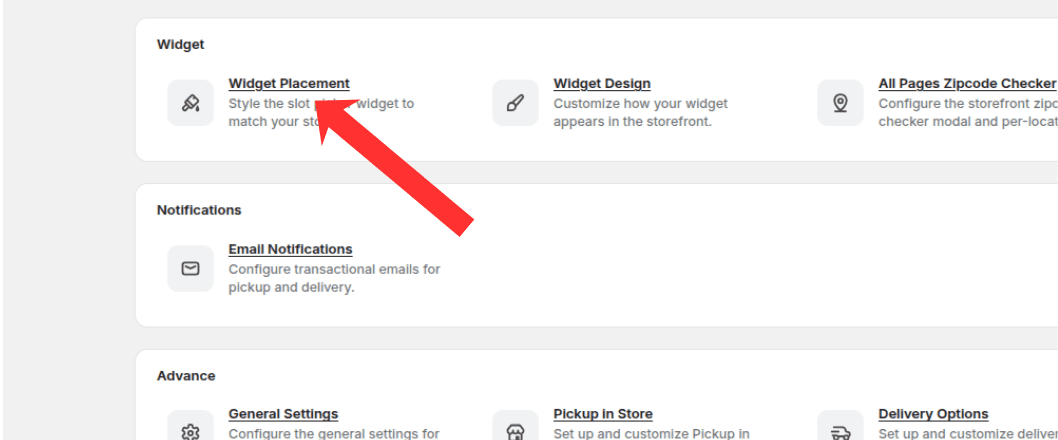 Widget Placement card highlighted on the Settings overview page