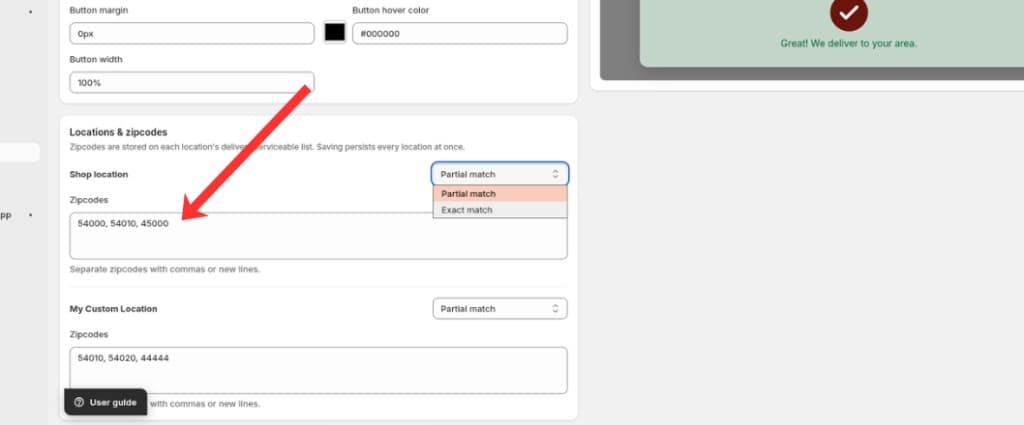 Zipcodes field with comma-separated zipcodes for each location