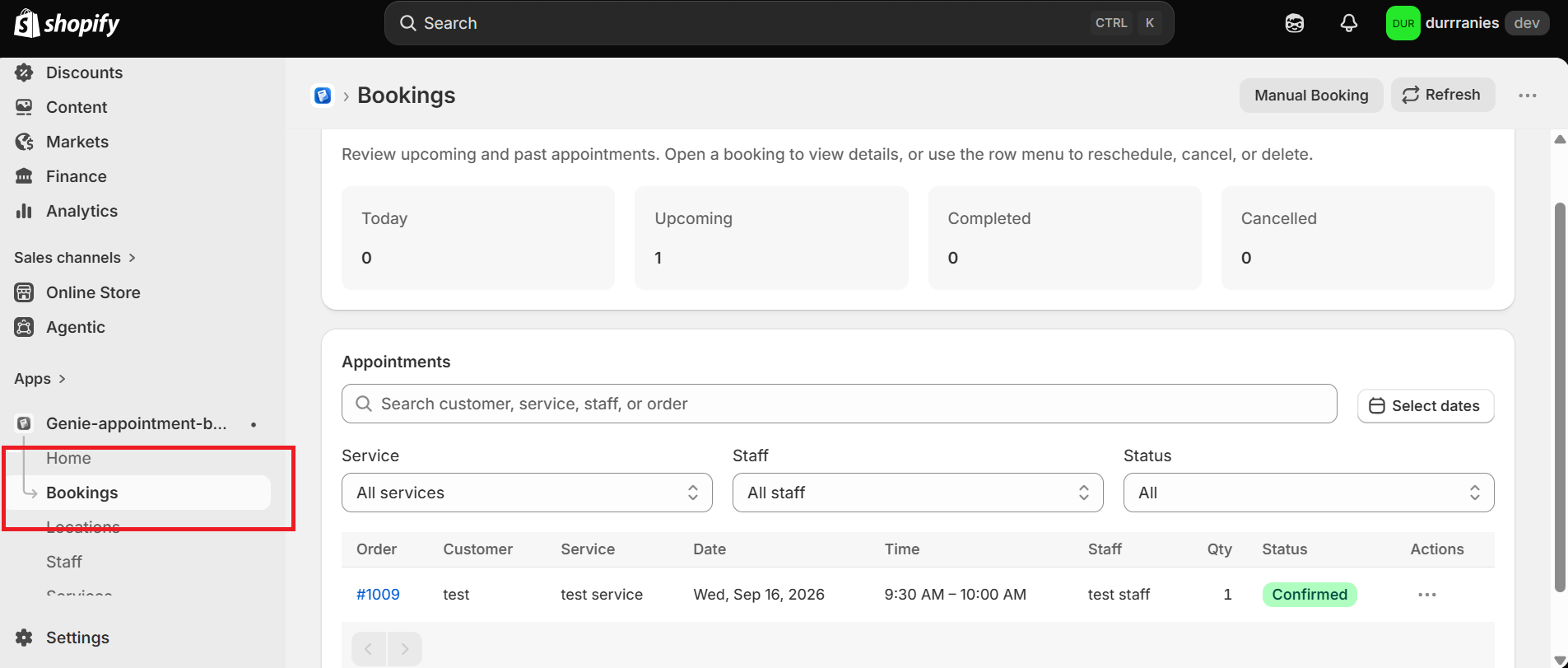 Shopify admin with Bookings selected in the Appointment Booking app sidebar