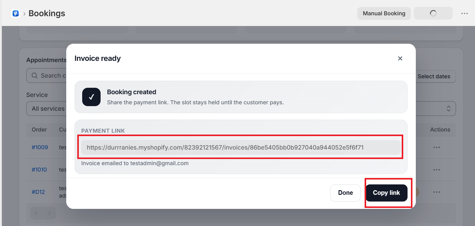 Invoice ready dialog with the payment link and Copy link button highlighted