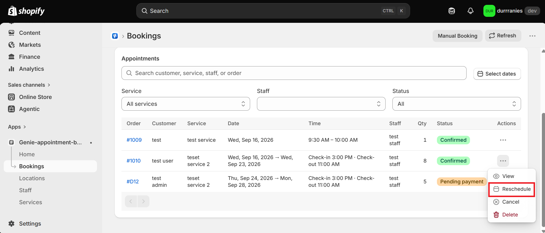 Bookings row menu with Reschedule highlighted