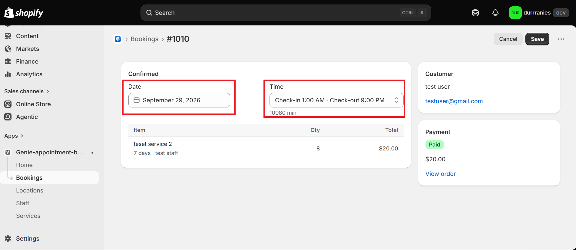 Booking detail page with Date and Time fields highlighted and Save in the header