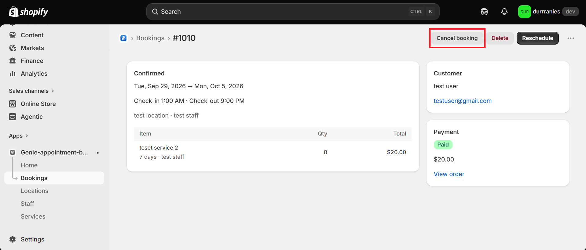 Booking detail page with Cancel booking highlighted in the header
