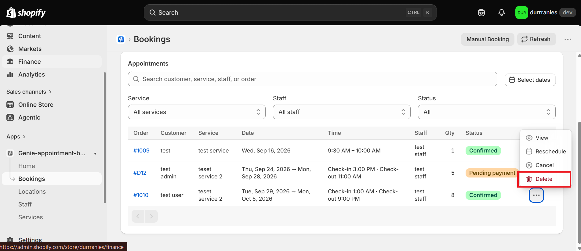 Bookings row menu with Delete highlighted