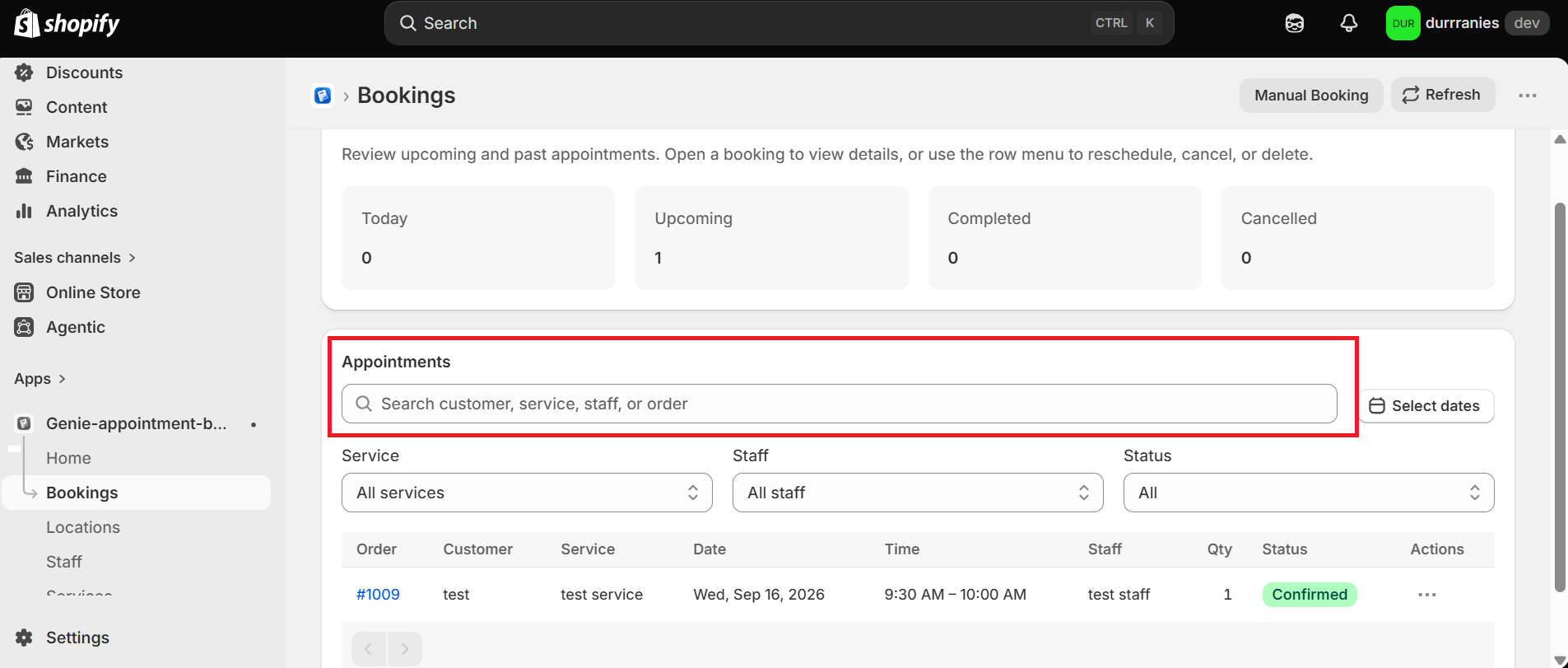 Bookings page with the search box highlighted