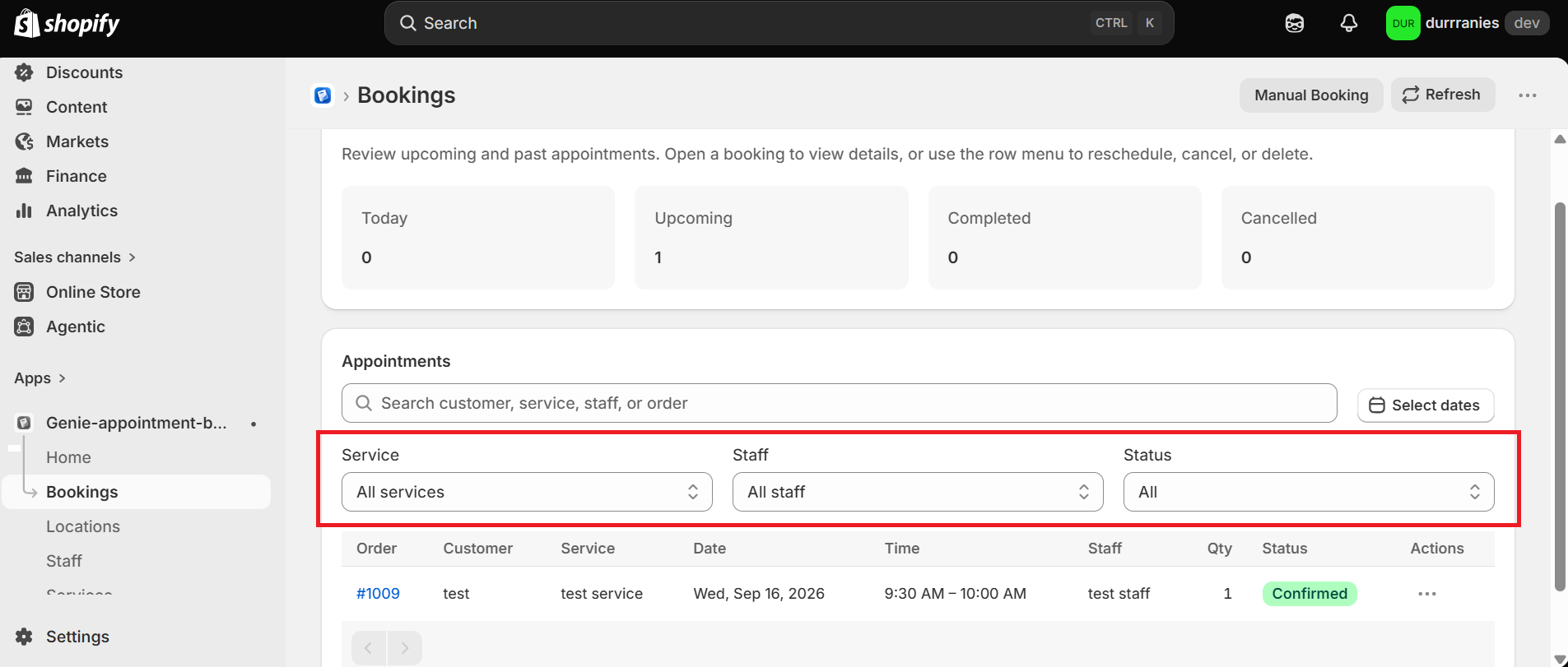 Bookings page with Service, Staff, and Status filters highlighted