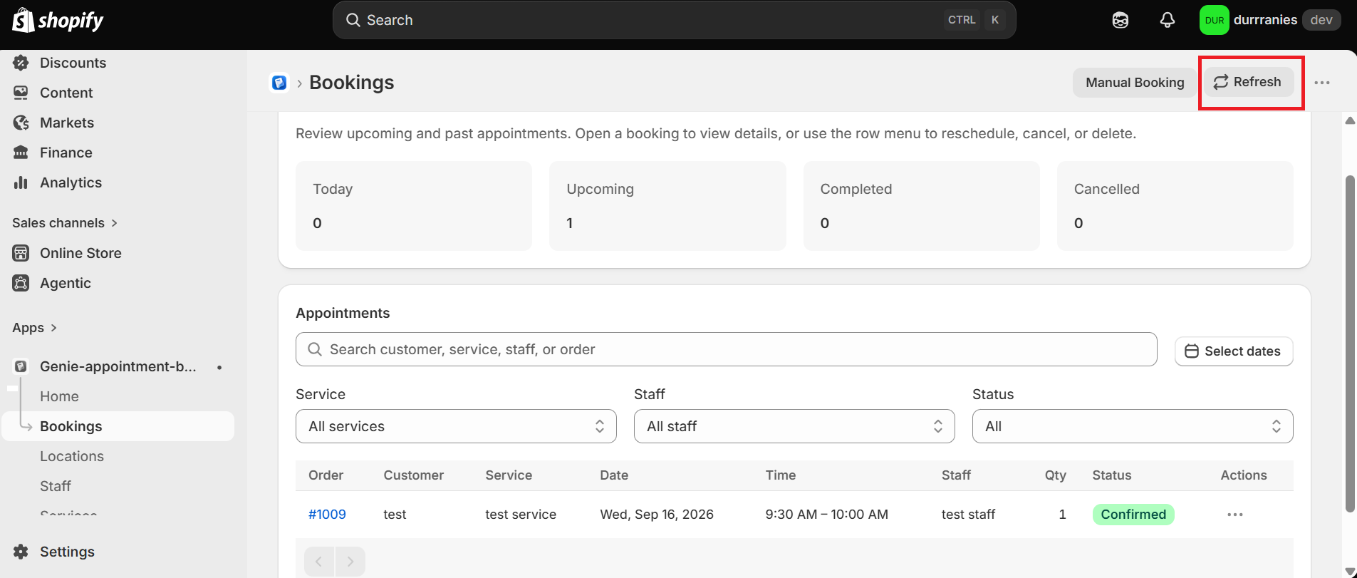 Bookings page with the Refresh button highlighted