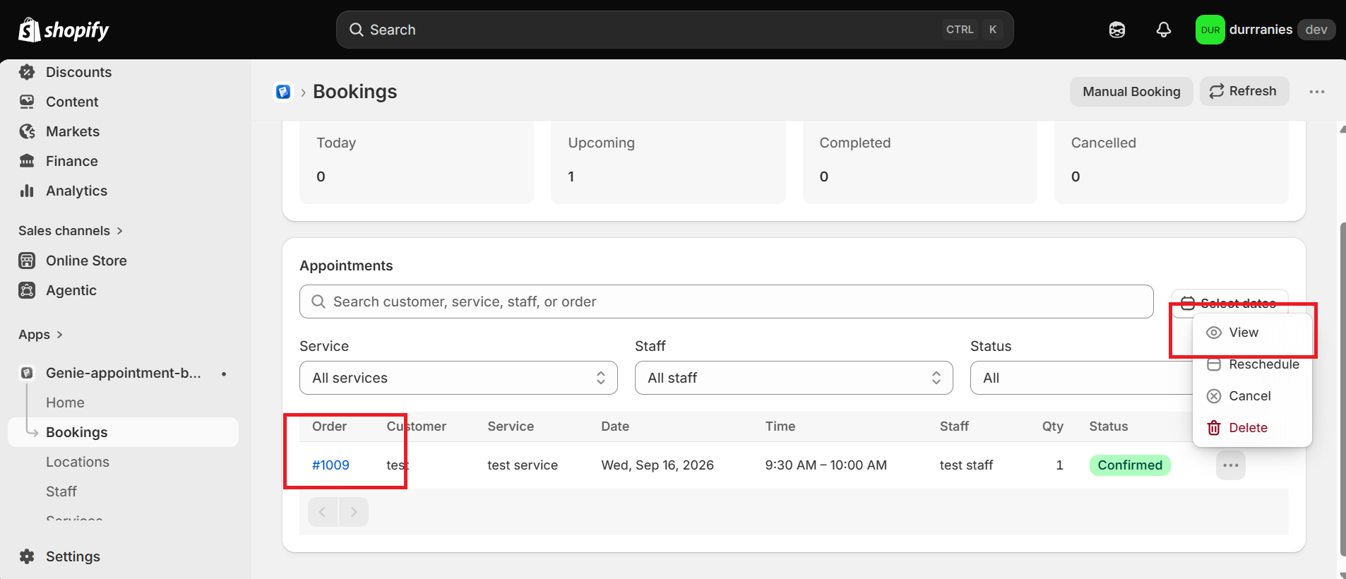 Bookings row with the order name and View action highlighted