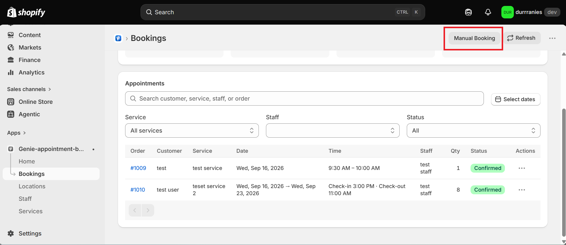 Bookings page with the Manual Booking button highlighted