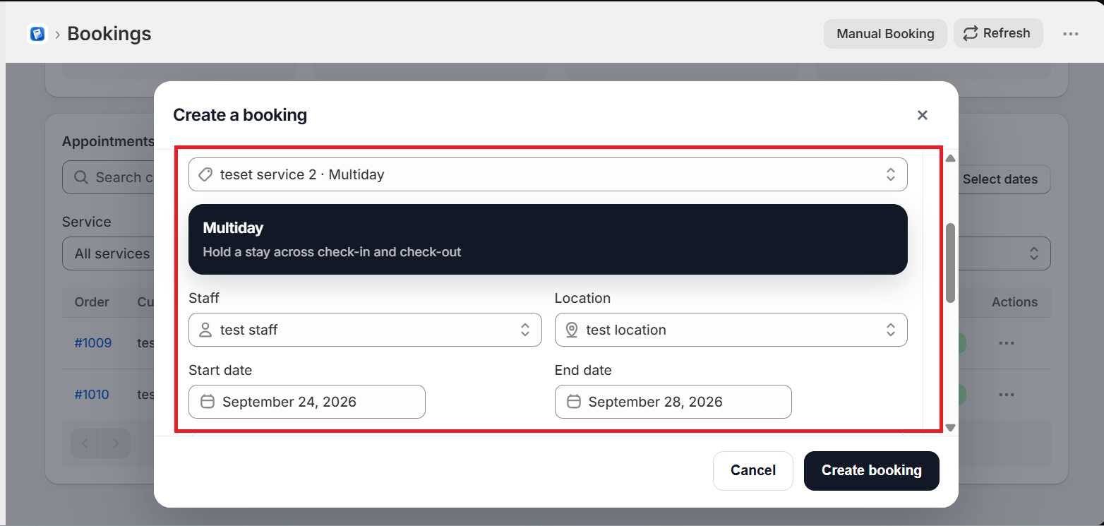Create a booking modal with service, staff, location, and dates highlighted