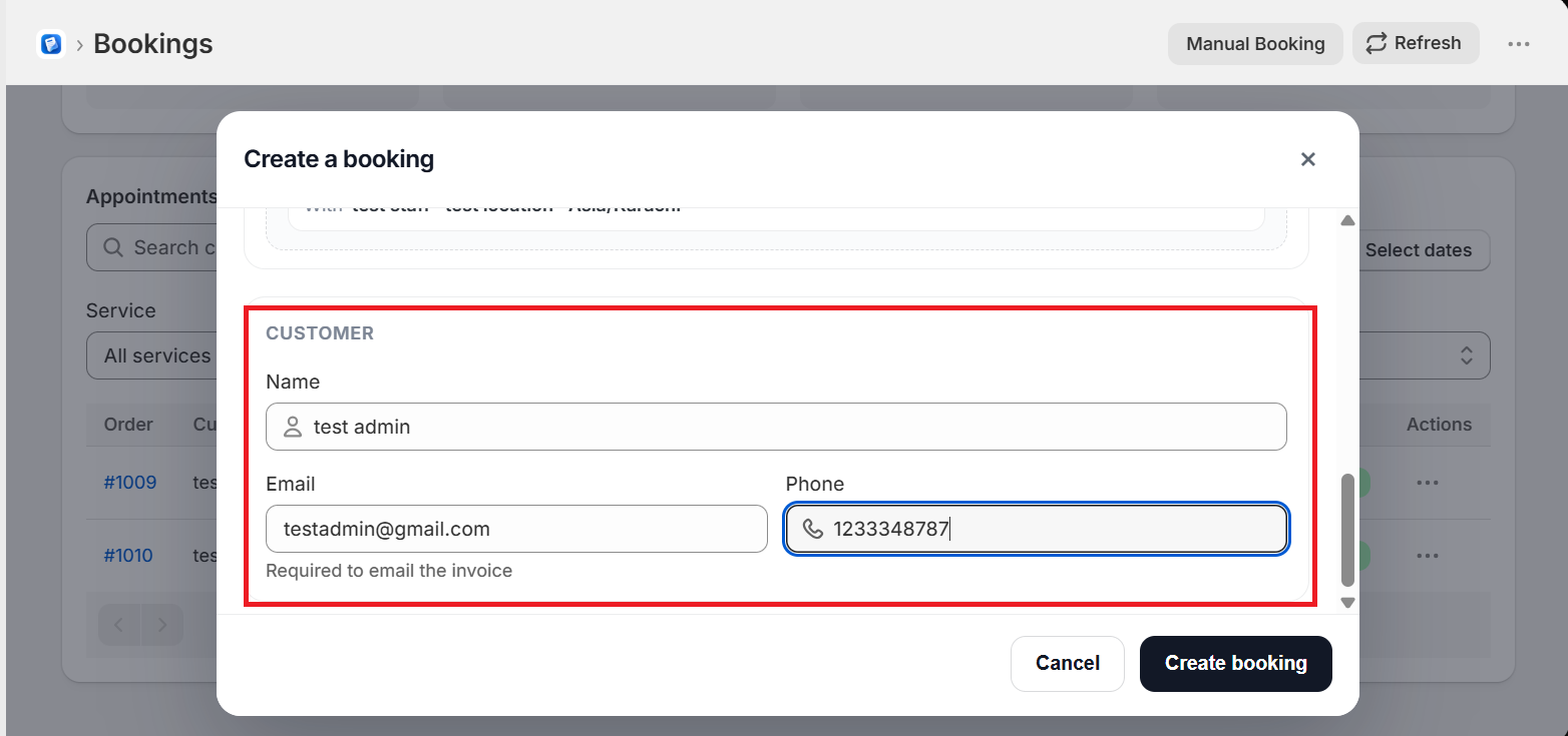 Create a booking modal with customer name, email, and phone highlighted