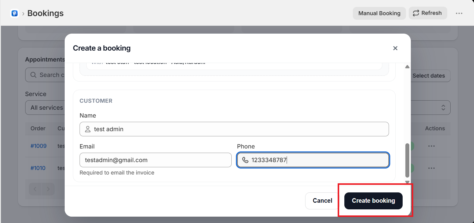 Create a booking modal with the Create booking button highlighted