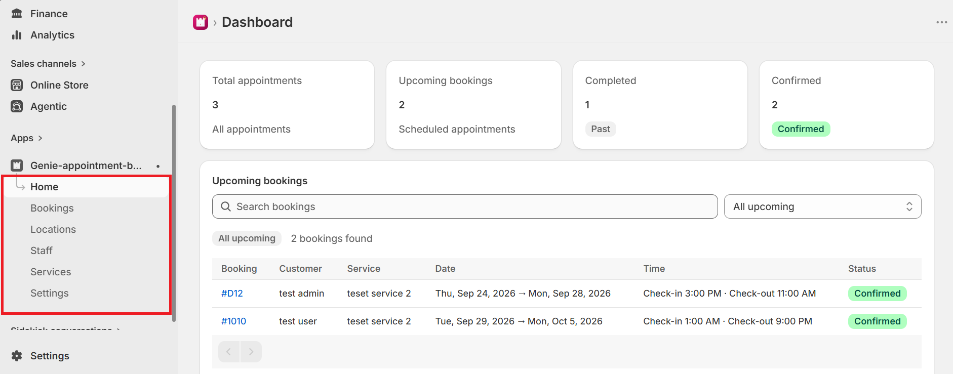 Appointment Booking Dashboard with the app sidebar highlighted: Home, Bookings, Locations, Staff, Services, and Settings