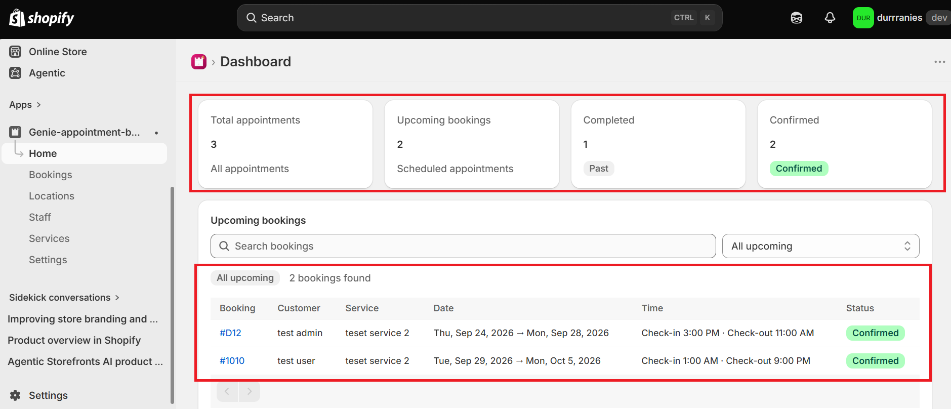 Dashboard with summary cards and the Upcoming bookings table highlighted