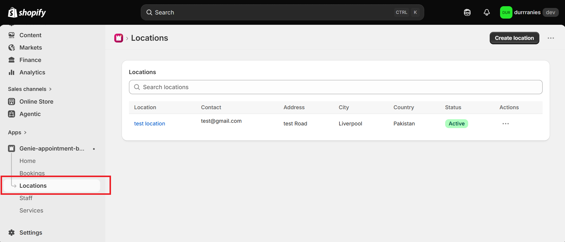 Shopify admin with Locations selected in the Appointment Booking app sidebar