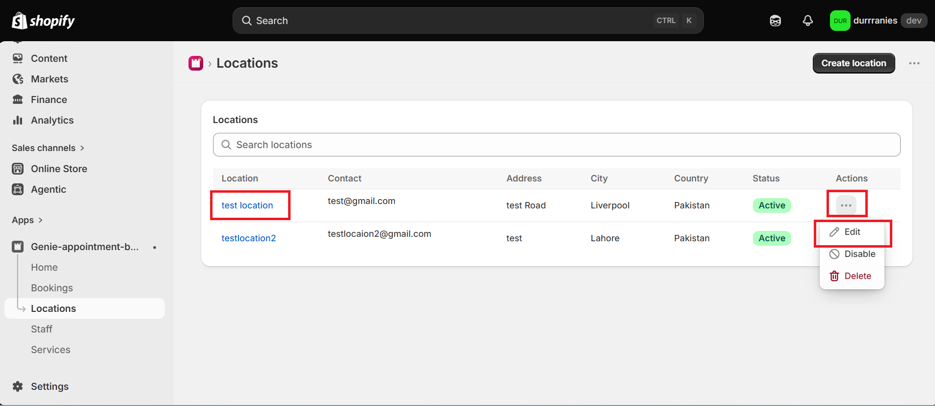 Locations list with the location name and Edit action highlighted