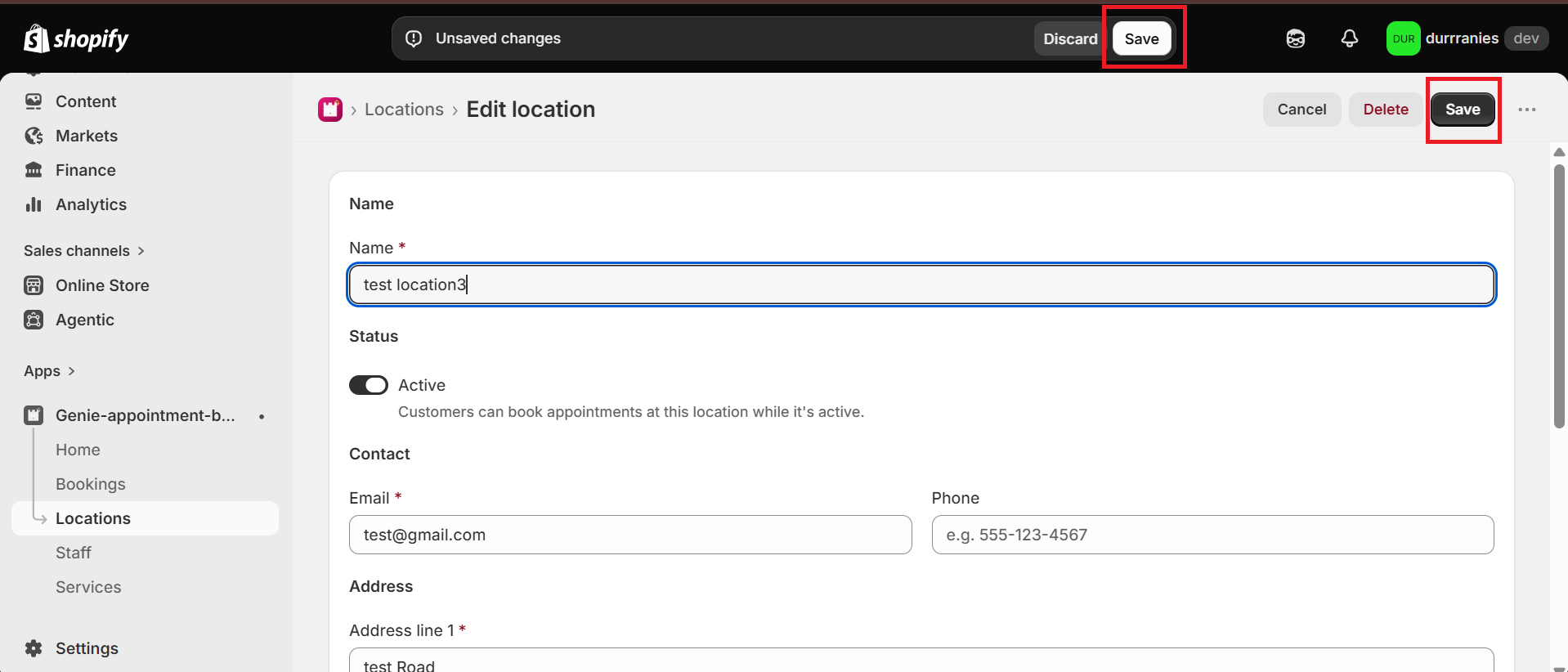 Edit location page with Save highlighted in the save bar and page header