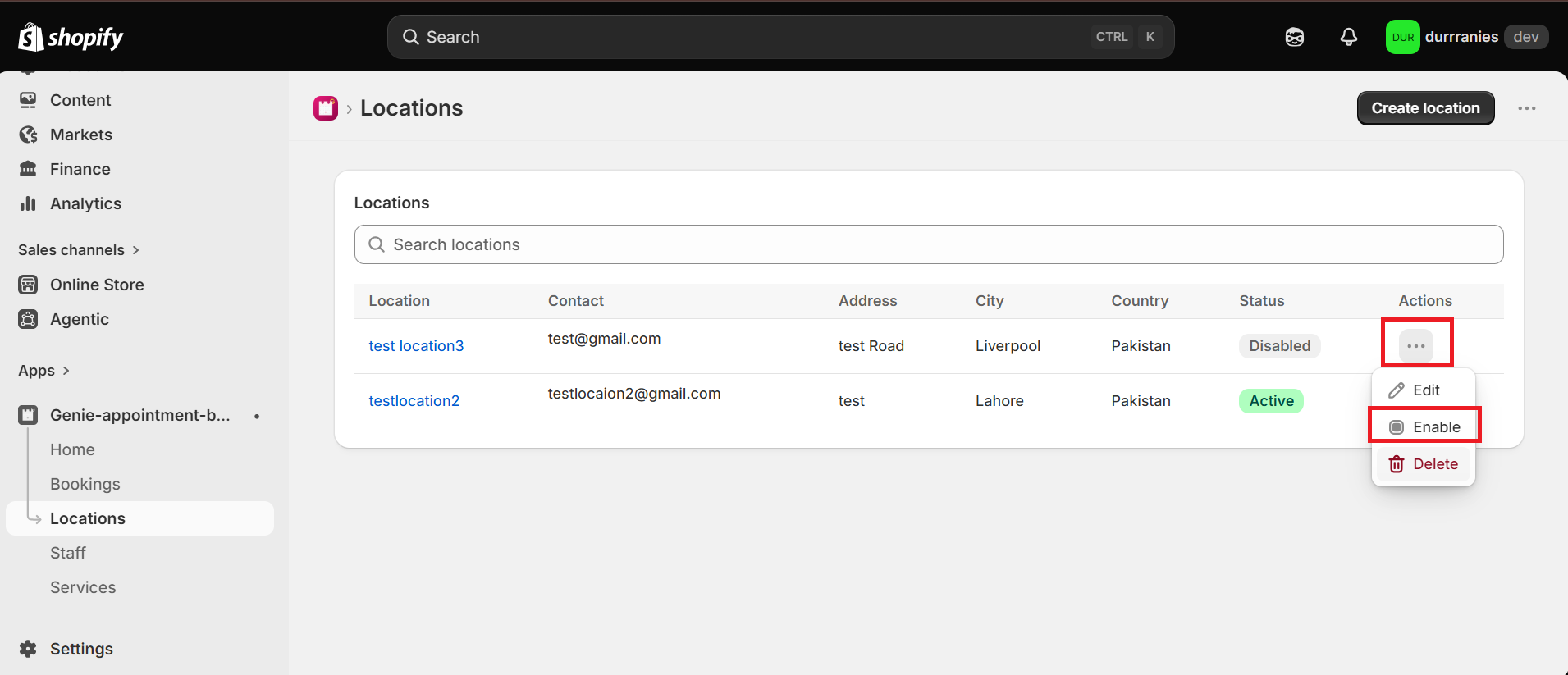 Locations row menu with Enable highlighted for a Disabled location