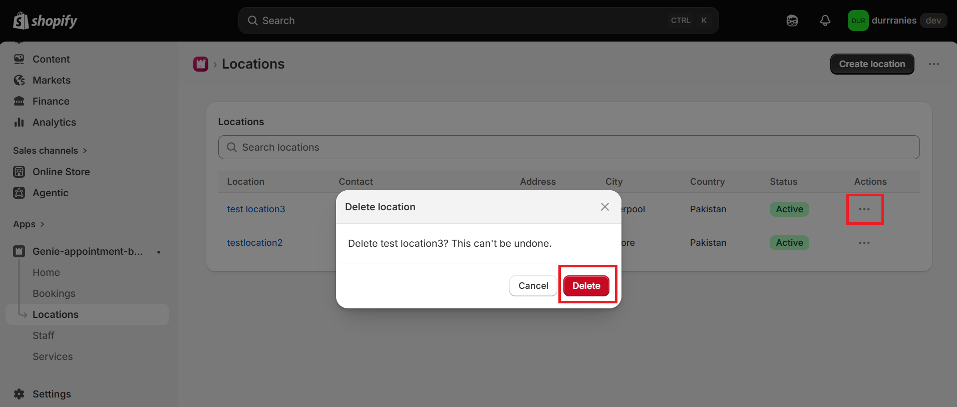 Delete location confirmation dialog with Delete highlighted