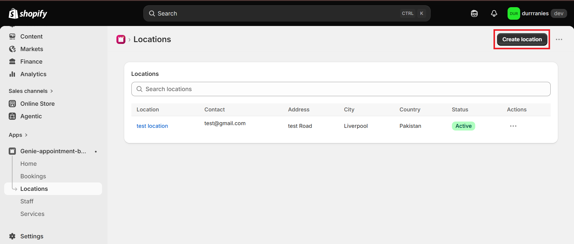 Locations page with the Create location button highlighted