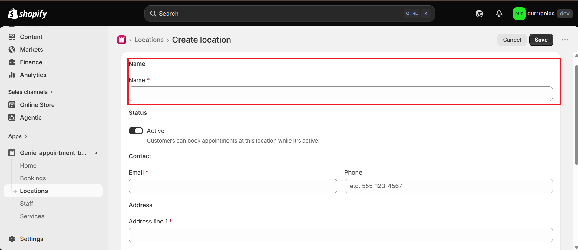 Create location form with the Name field highlighted
