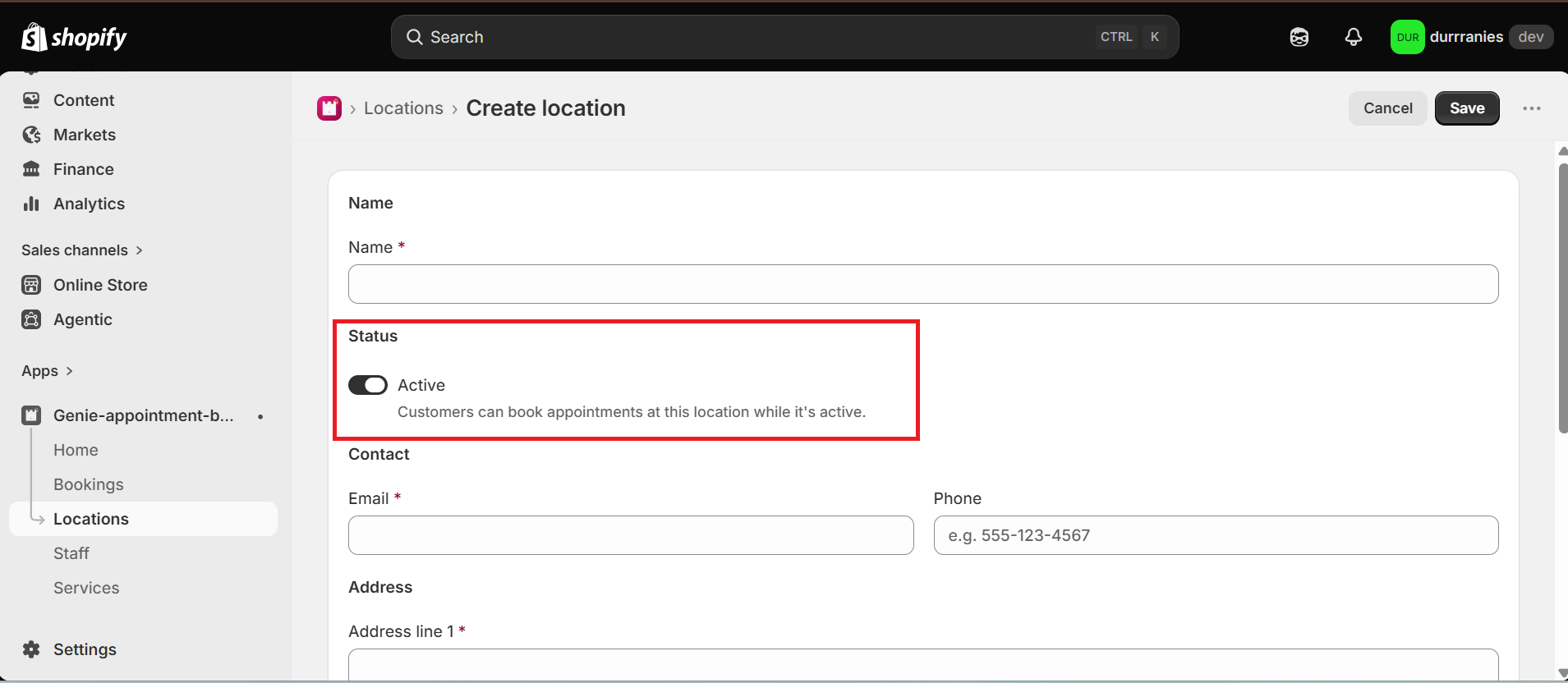 Create location form with the Status Active switch highlighted