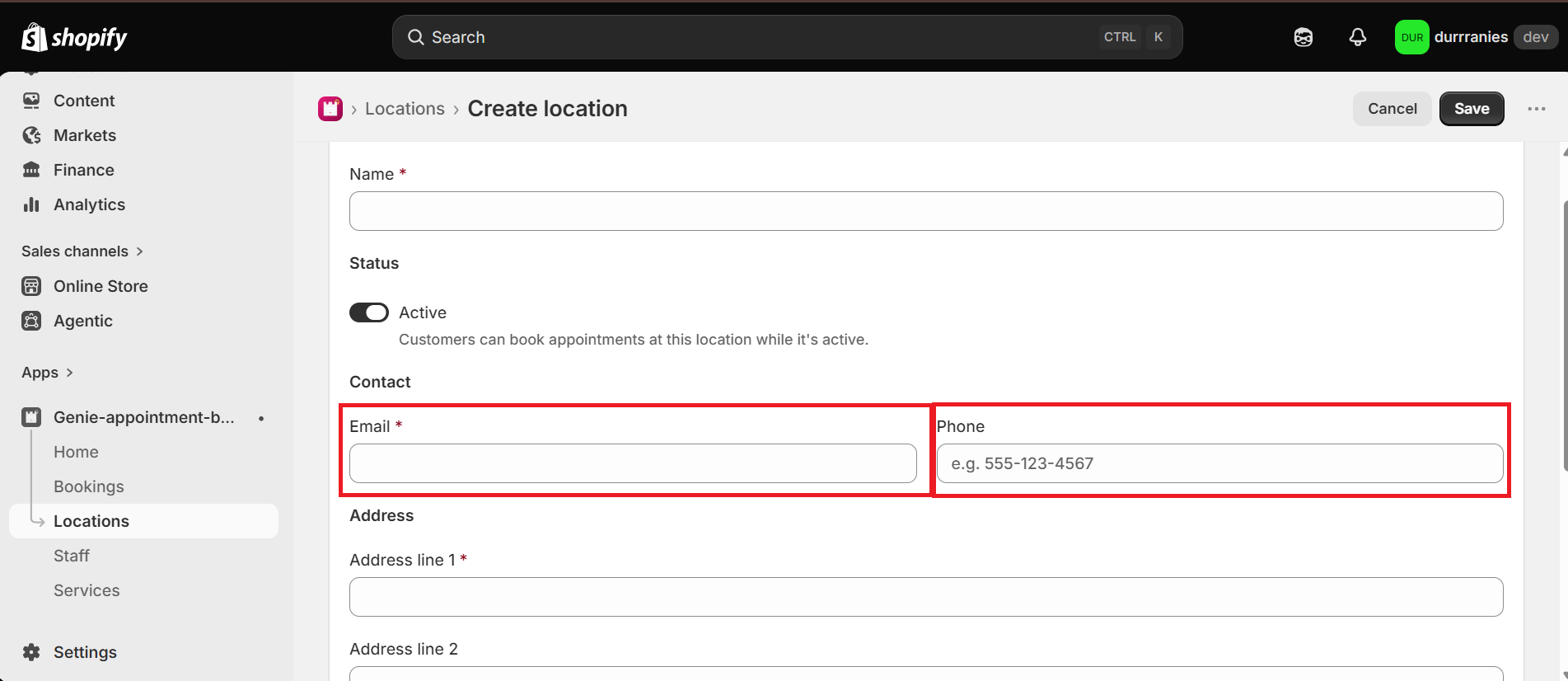 Create location form with Email and Phone fields highlighted