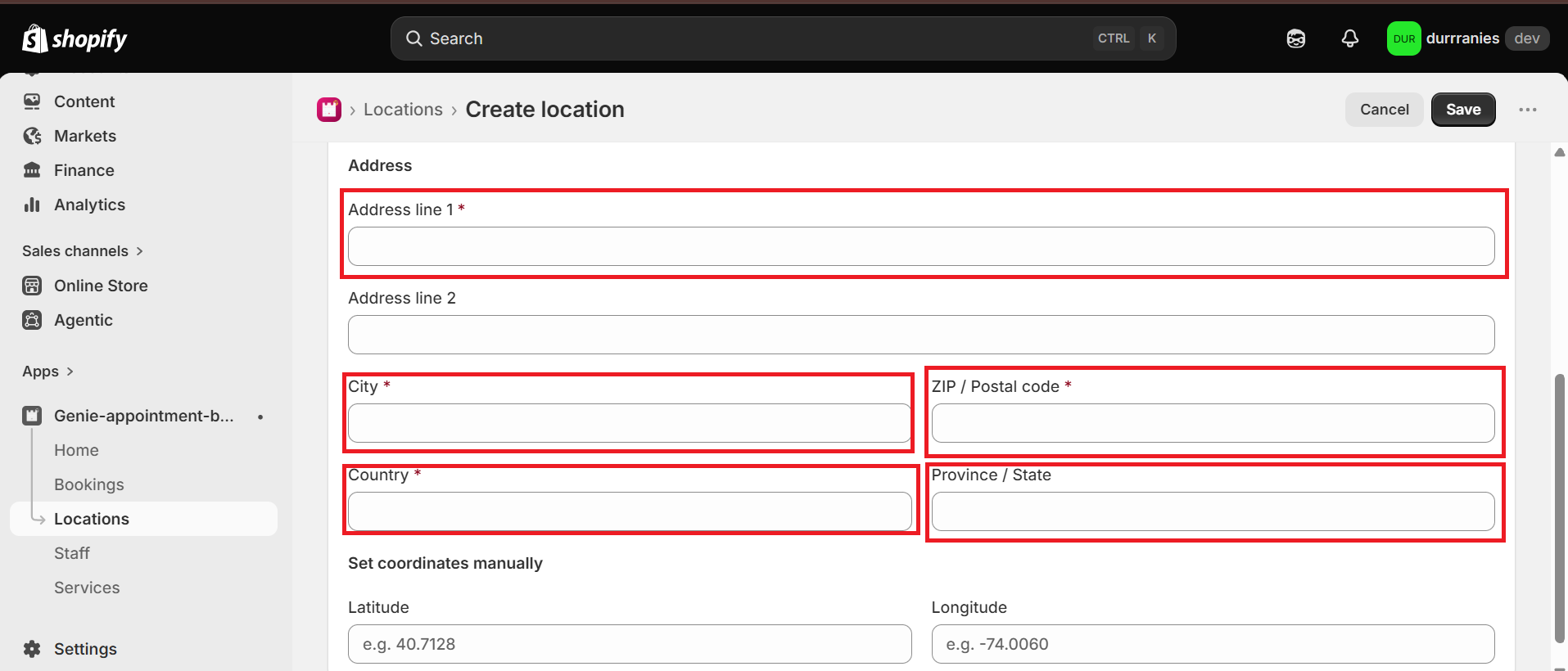 Create location form with address fields highlighted