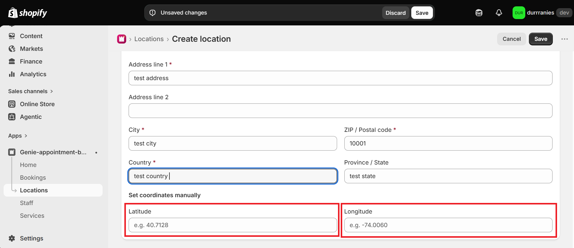 Create location form with Latitude and Longitude fields highlighted