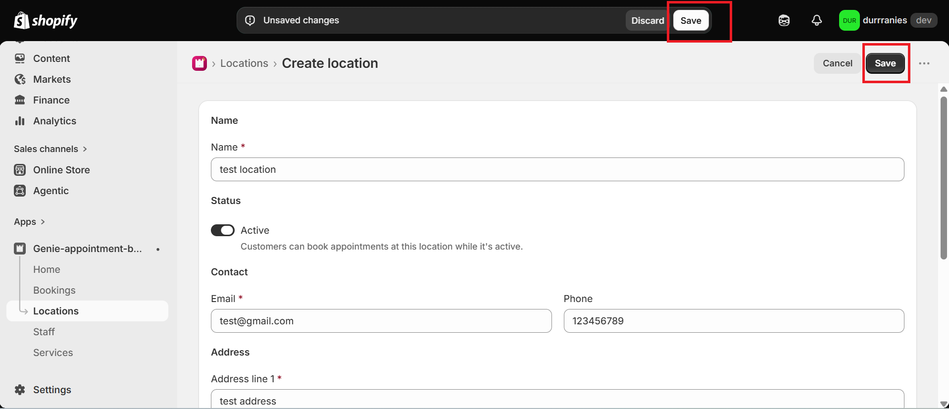 Create location page with Save highlighted in the save bar and page header
