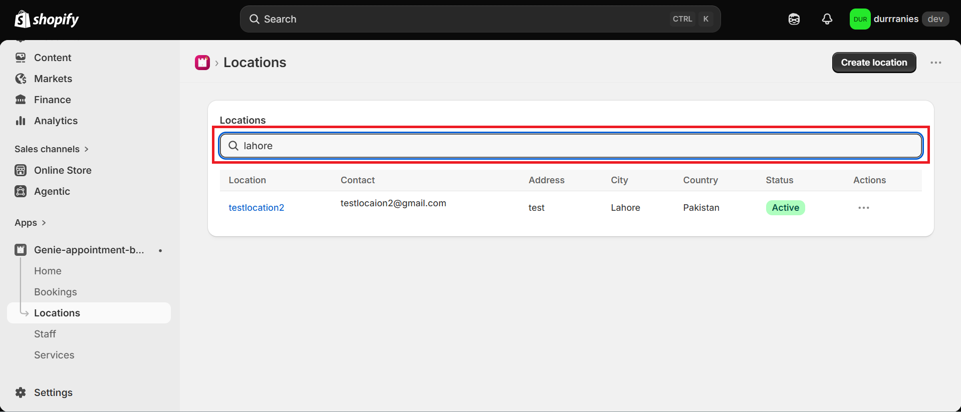 Locations page with the search box highlighted