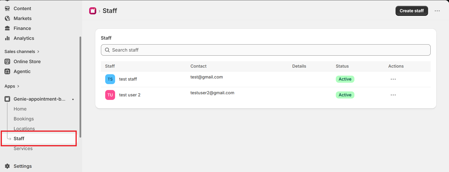 Shopify admin with Staff selected in the Appointment Booking app sidebar
