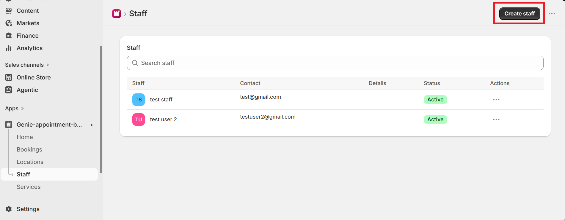 Staff page with the Create staff button highlighted