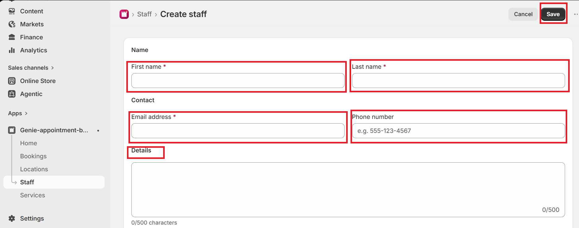 Create staff form with name, contact, details, and Save highlighted