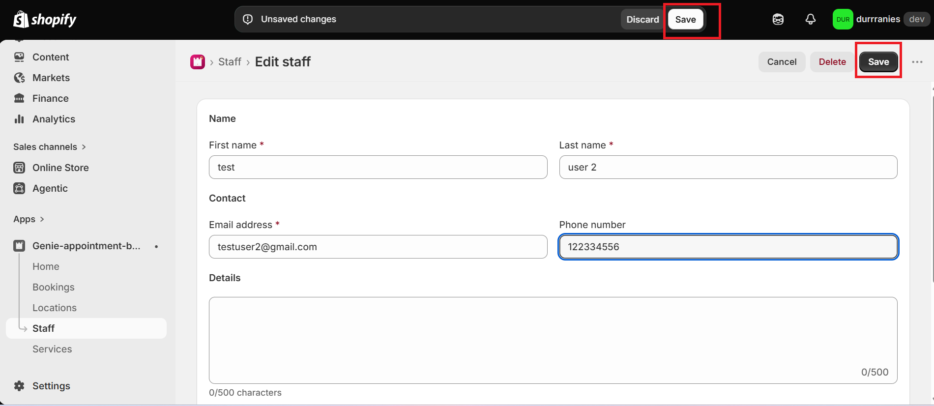 Edit staff page with Save highlighted in the save bar and page header