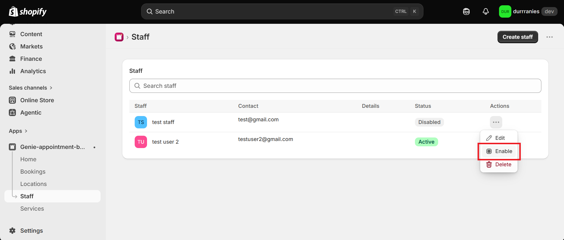 Staff row menu with Enable highlighted for a Disabled staff member