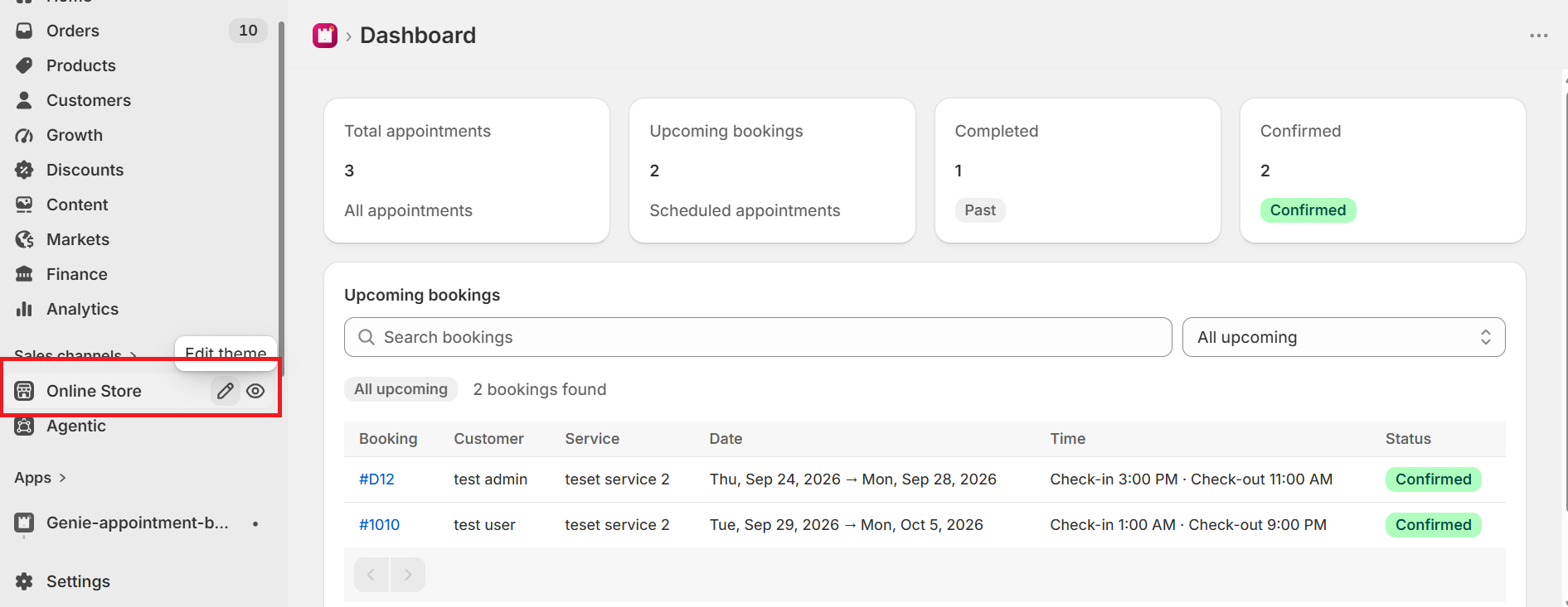 Shopify admin with Online Store and Edit theme highlighted