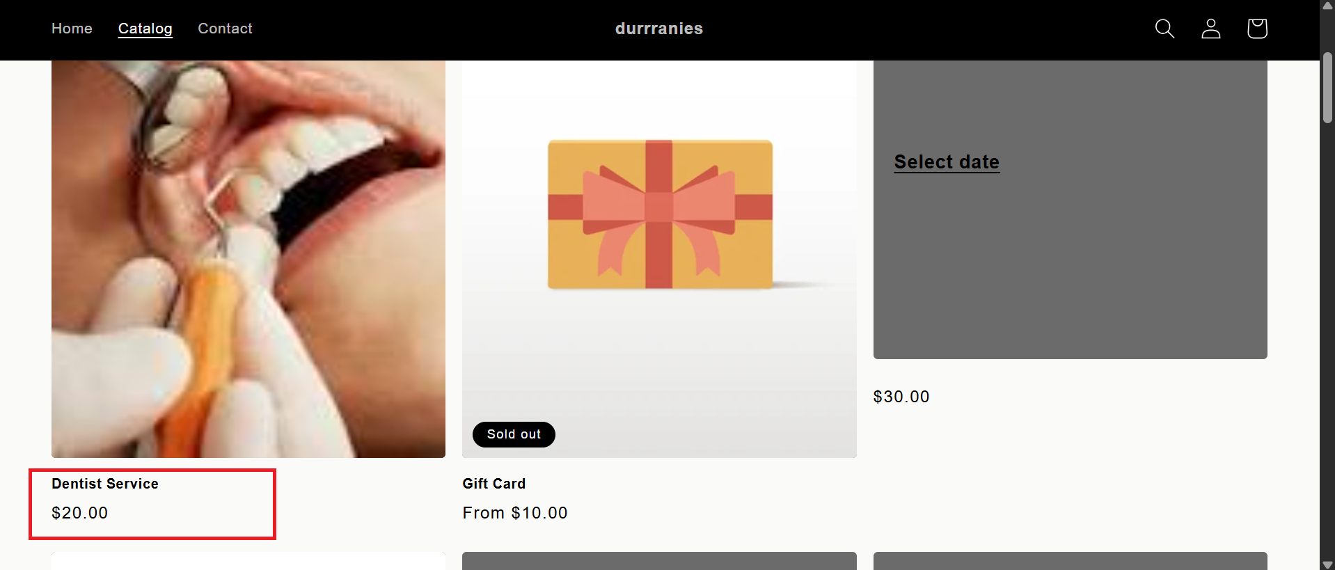 Store catalog with a service product highlighted