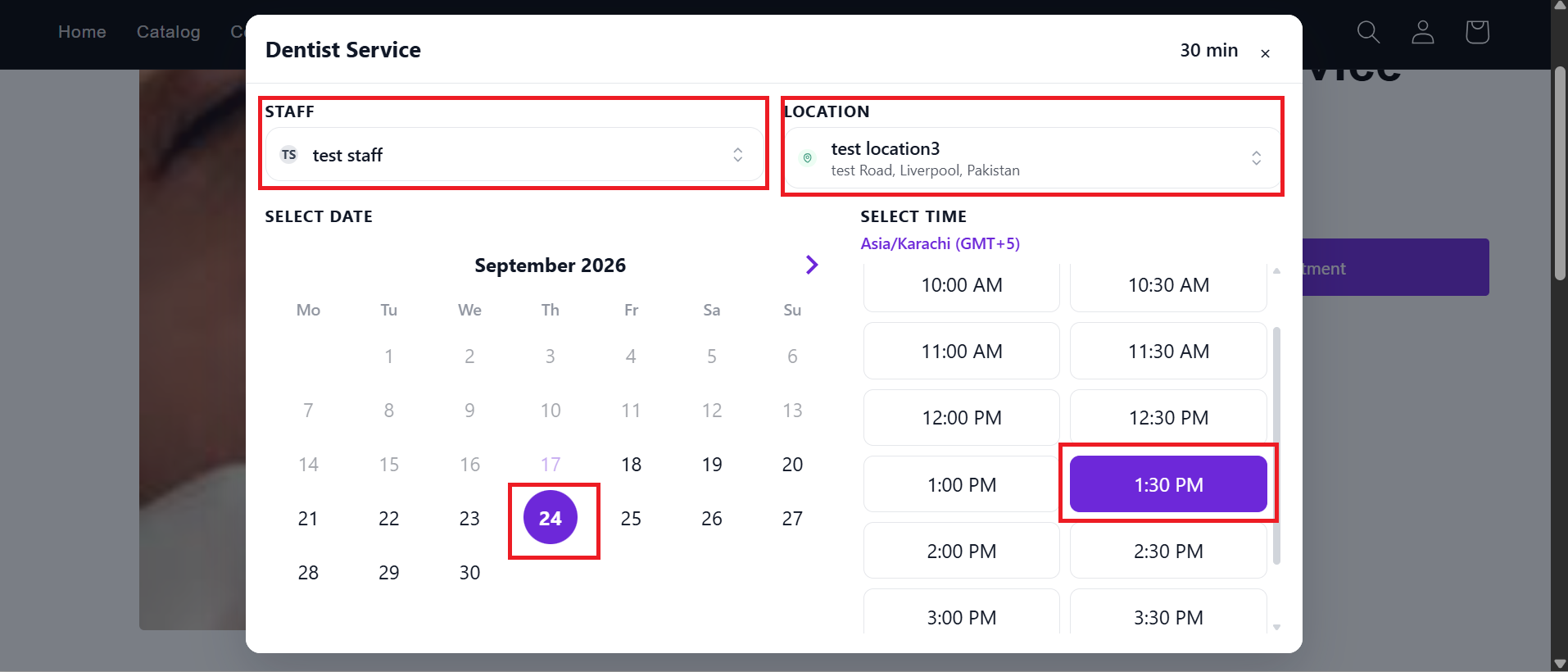 Booking popup with staff, location, date, and time slot highlighted