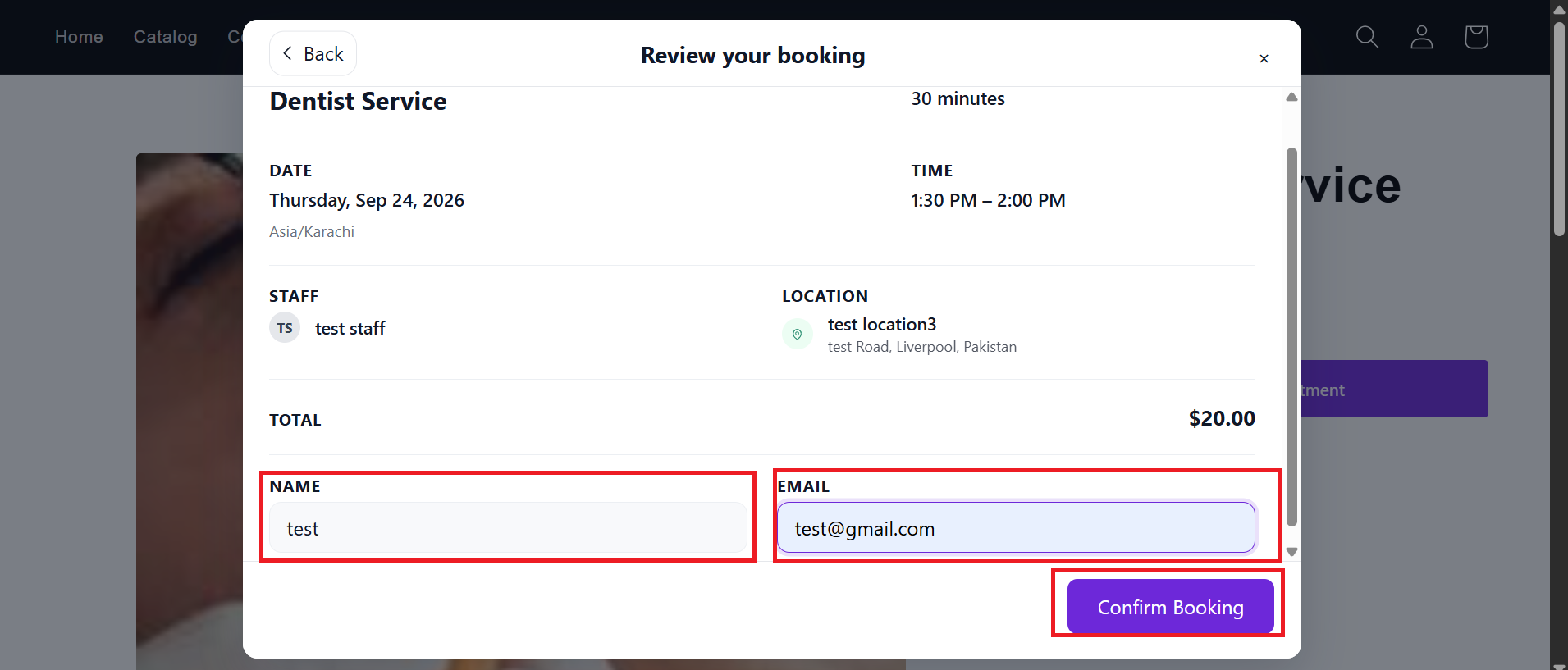 Review your booking popup with Name, Email, and Confirm Booking highlighted
